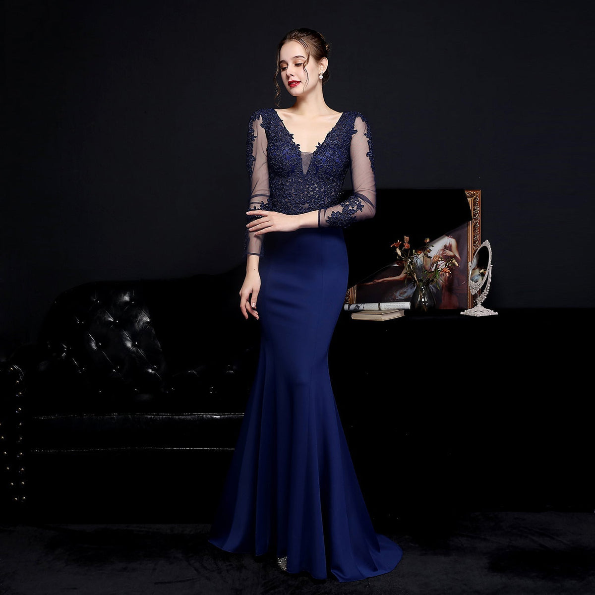 Lace V-Neck Long Sleeve Beaded Mermaid Maxi Gown - View 9