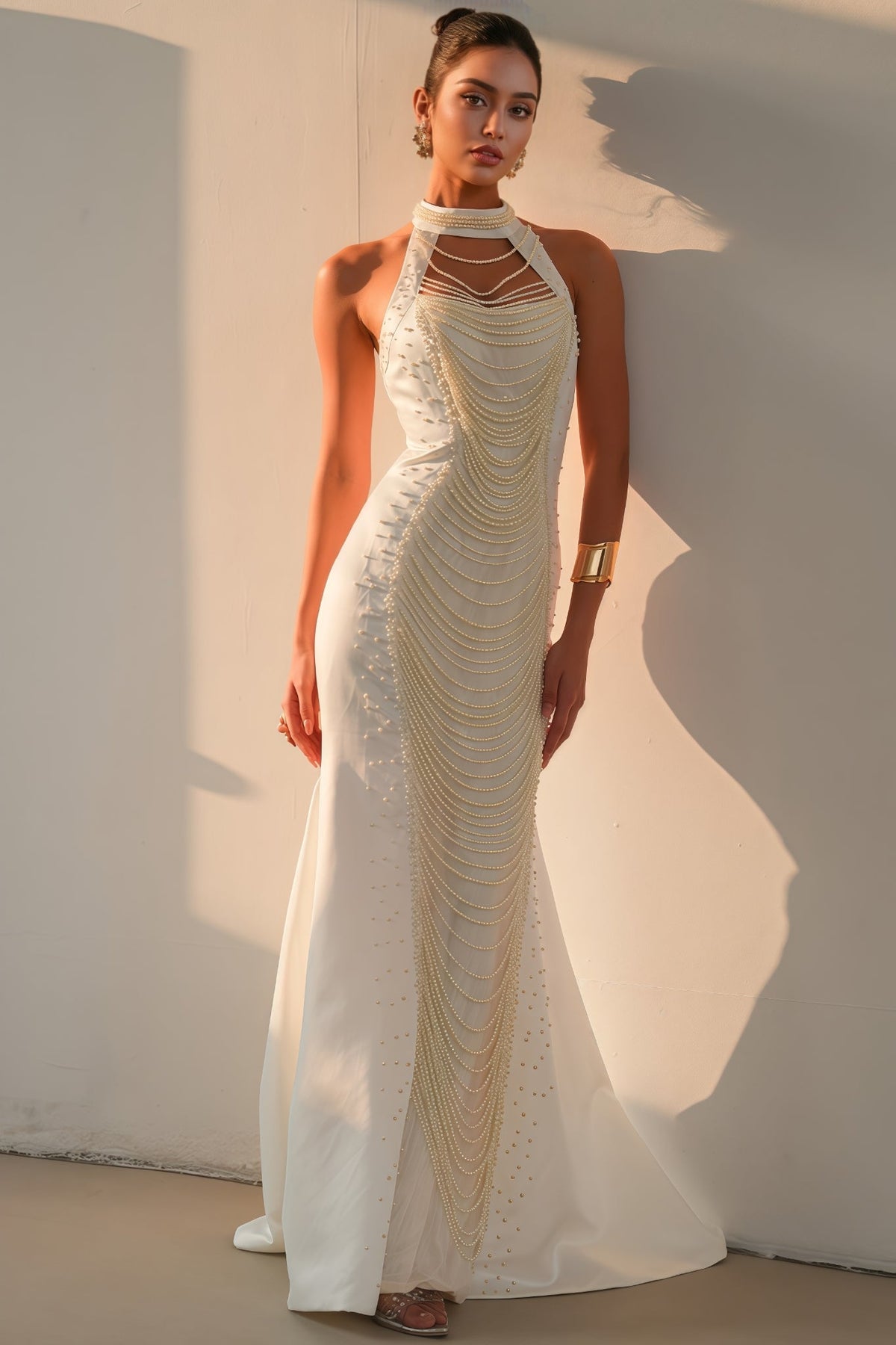 Pearl Beaded Halter Keyhole Cascade Fringe Mermaid Gown