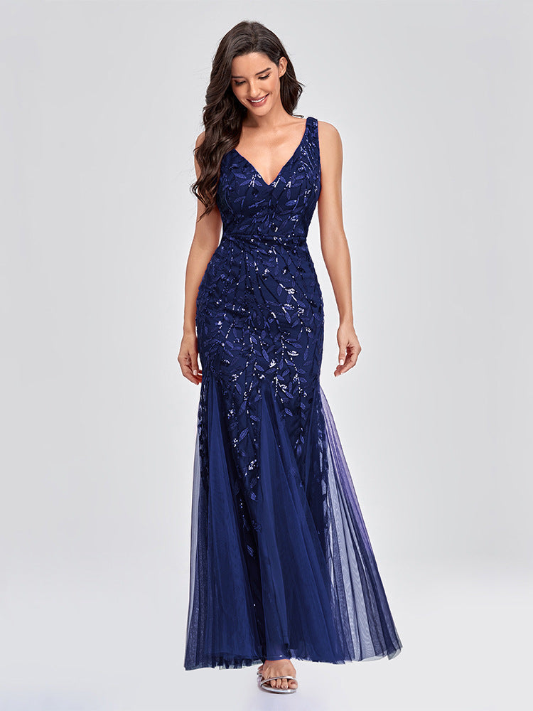 Sequin Embroidered V-Neck Sleeveless Tulle Mermaid Gown - View 8