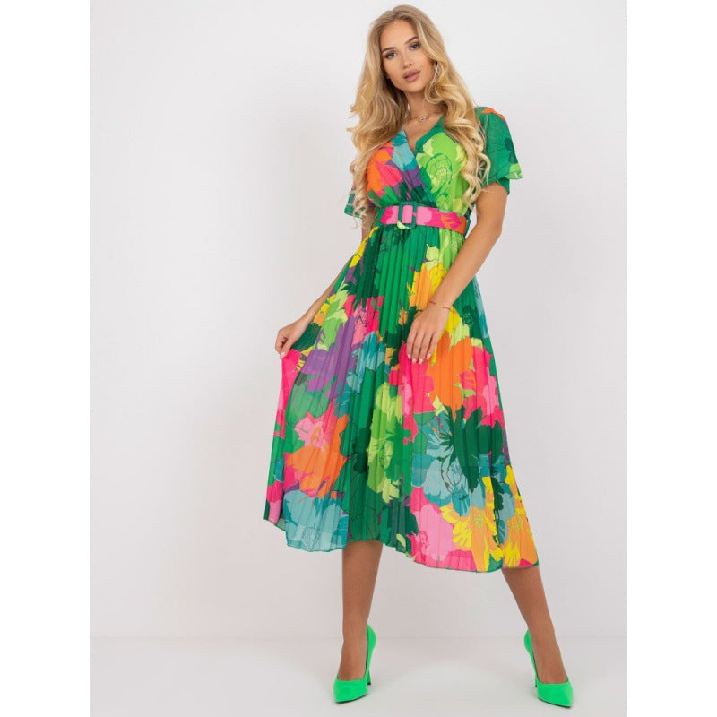 V-Neck Short Sleeve Floral Pleated Belted Midi Dress - View 3