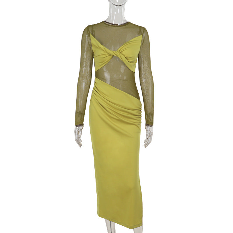 Mesh Stitching Sheer Long Sleeve Maxi Dress - View 6