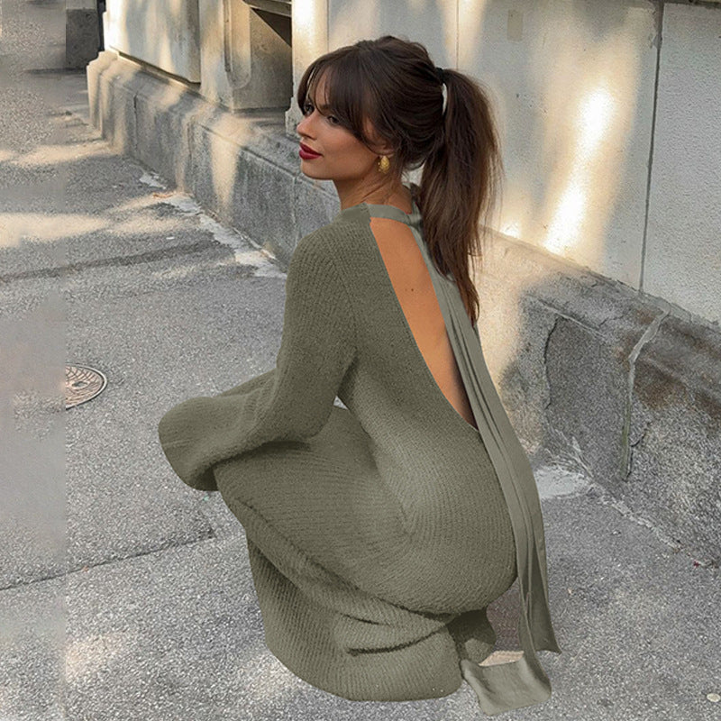 Solid Color Backless Long Sleeves Lace up Slim Fit Dress - View 4