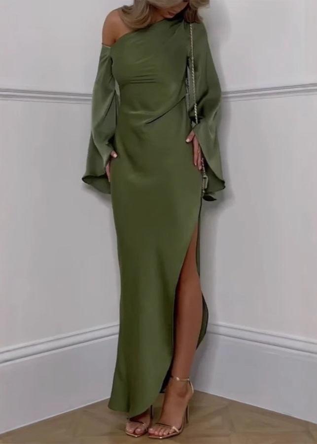 One Shoulder Satin Bell Sleeve High Split Draped Maxi Gown - View 4