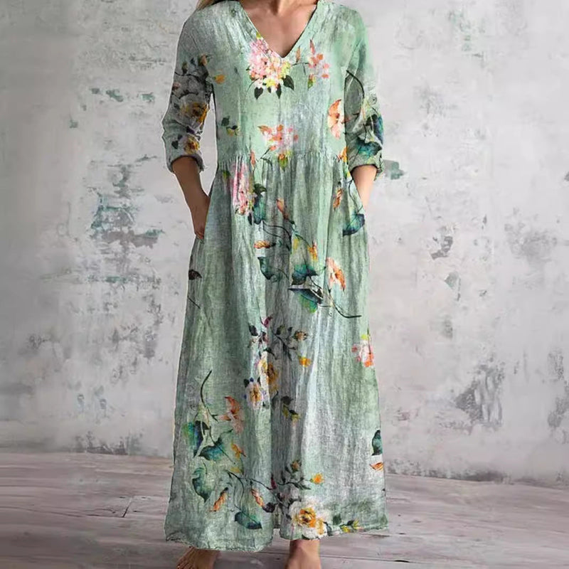 Sprig Floral V-Neck Long Sleeve Tiered Maxi Dress