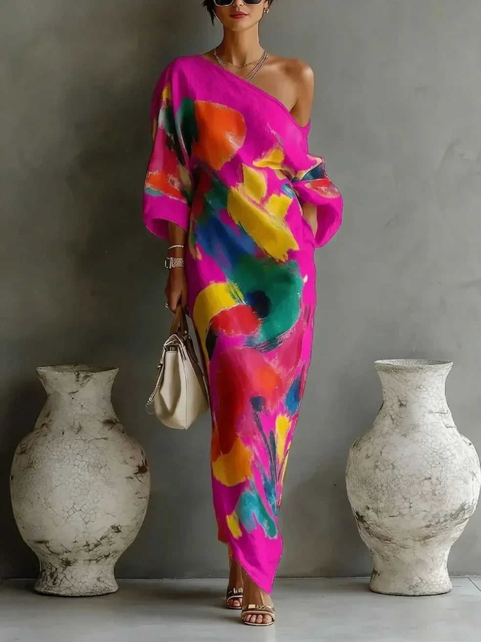 Abstract Paint Print One Shoulder Batwing Maxi Dress 6