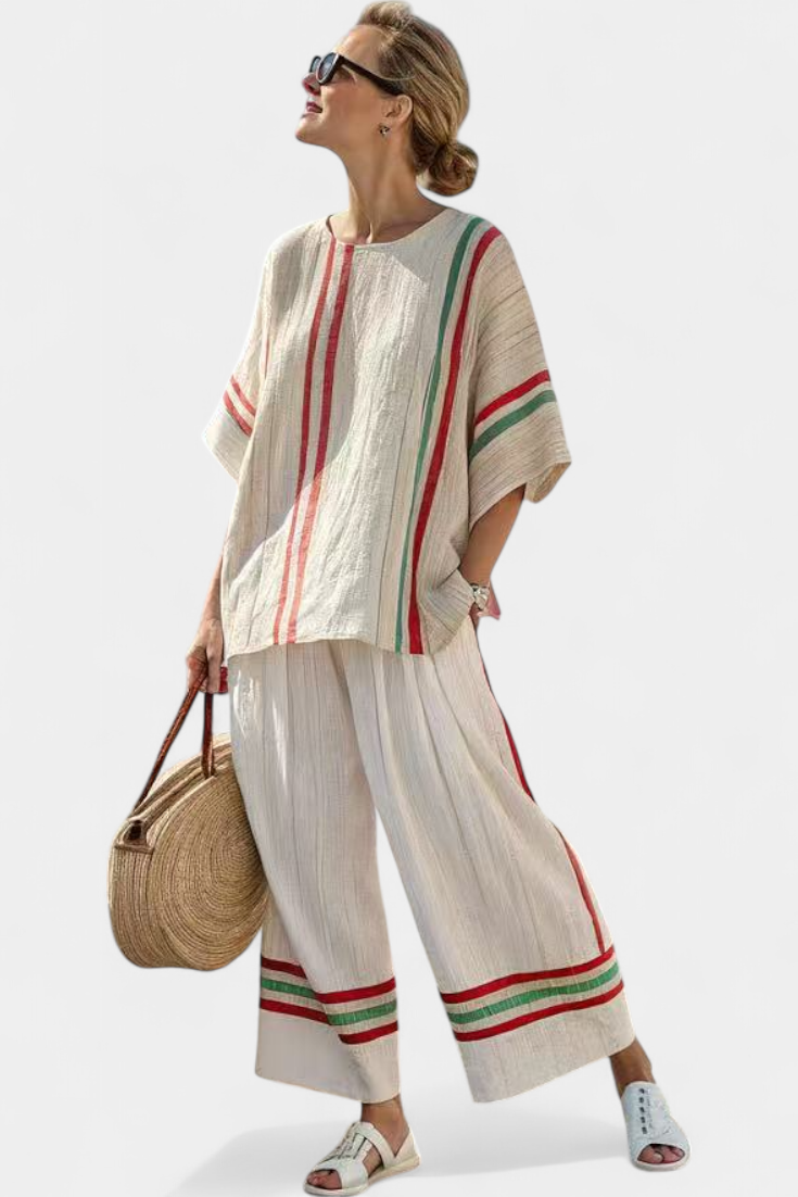 Striped Short Sleeve Top and Wide Leg Pants Two Piece Set 5