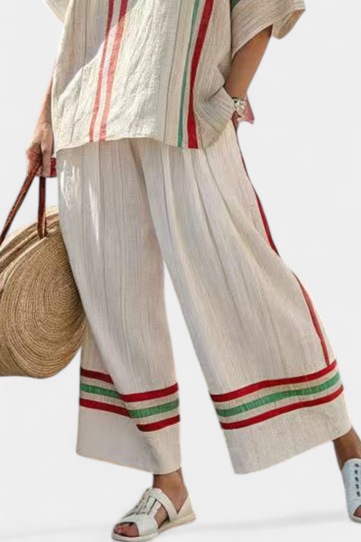 Striped Short Sleeve Top and Wide Leg Pants Two Piece Set 4