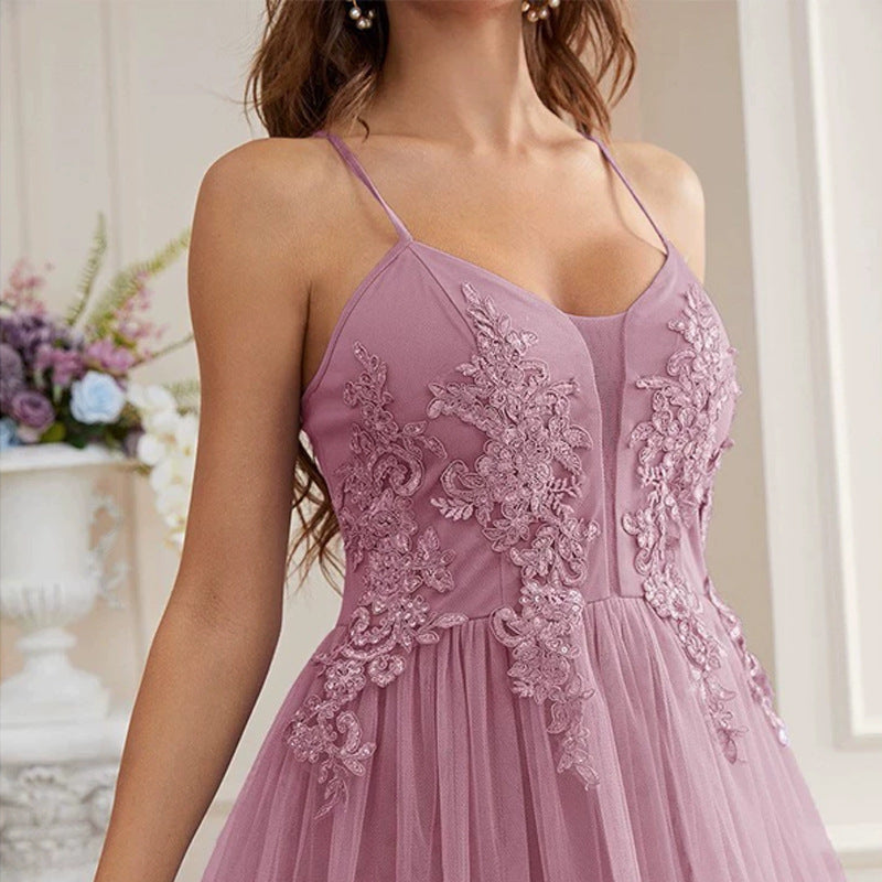 Mesh Tulle Lace Applique Spaghetti Strap V-Neck Tiered Maxi Gown - View 4