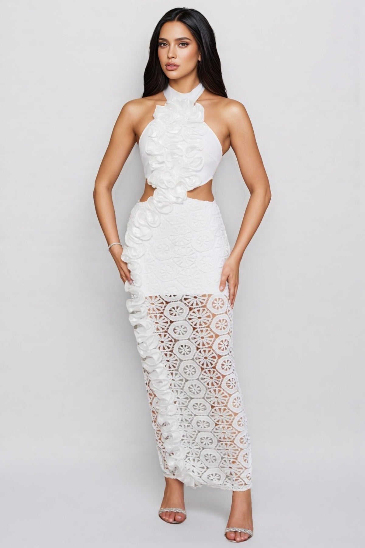 Vedilk 3D Lace Openwork Ruffled Maxi Dress - View 2