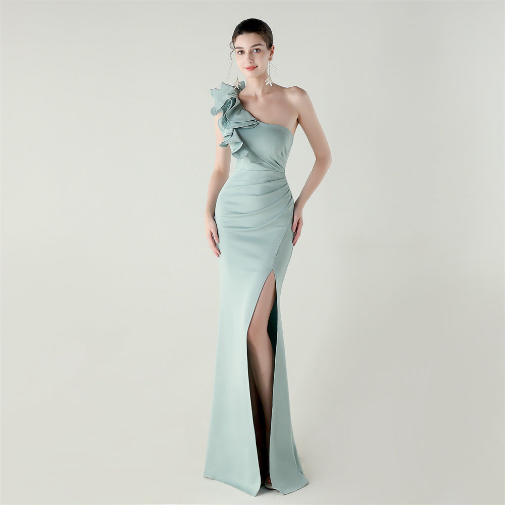 Satin One Shoulder Ruffle Ruched High Split Mermaid Gown - View 7