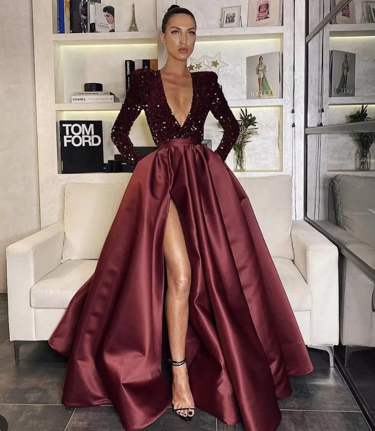 Sequin Deep V-Neck Long Sleeve Satin High Split A-Line Evening Gown - View 5