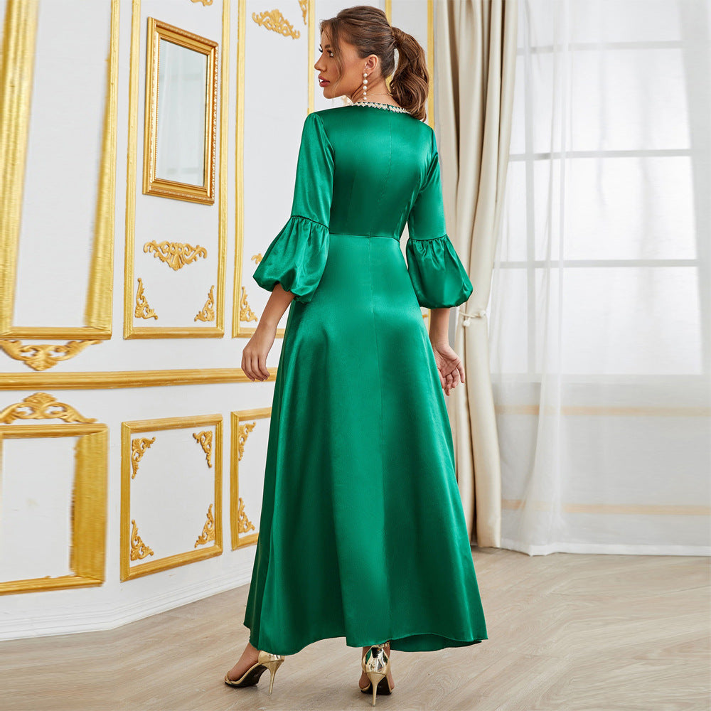 Satin V-Neck Lace Embroidery Puff Sleeve Formal Maxi Gown - View 4