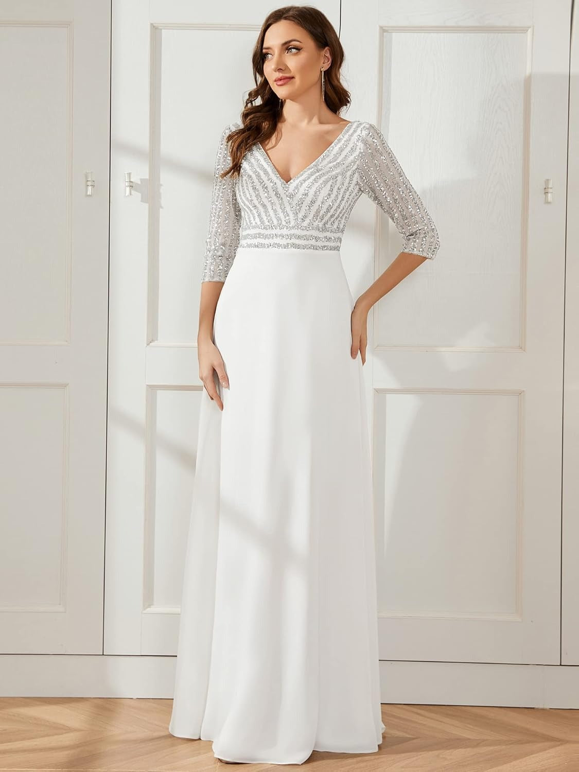 Sequin V-Neck Long Sleeve Chiffon A-Line Evening Dress - View 5