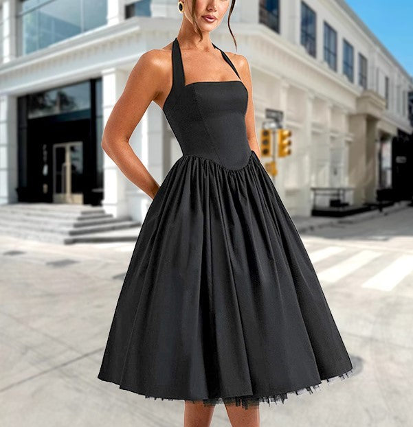 Halter Square Neck Corset Basque Waist Pleated Tulle Hem Midi Dress - View 2