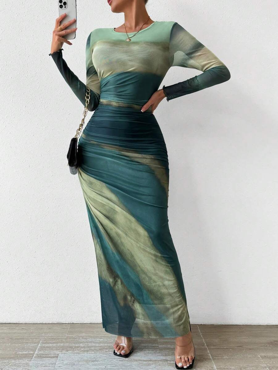 Abstract Print Mesh Ruched Long Sleeve Bodycon Maxi Dress