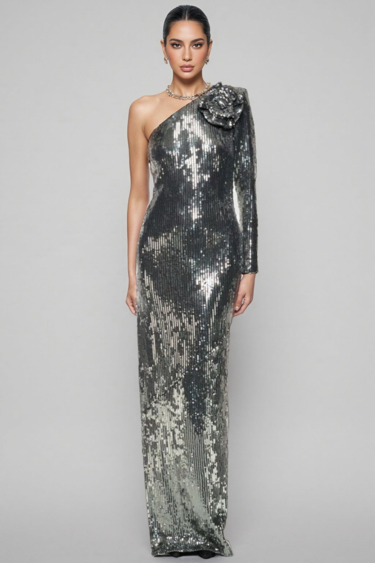 Sequin One Shoulder Long Sleeve 3D Flower Maxi Gown
