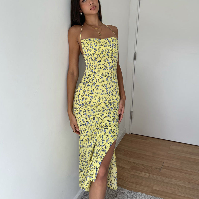 Halter Neck Floral High Split Backless Slip Maxi Dress - View 4
