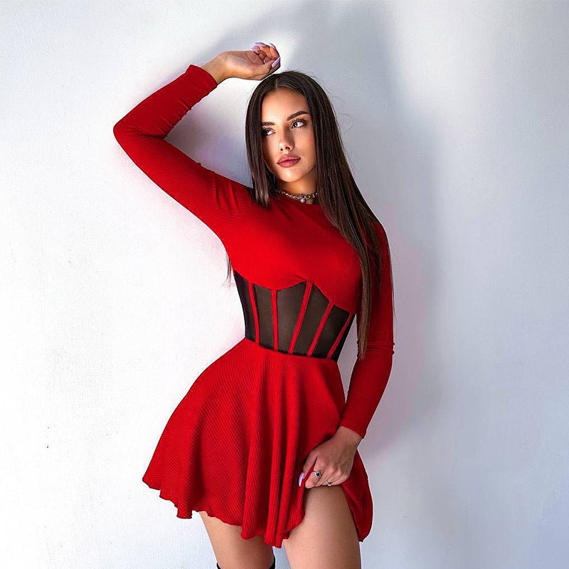 Long Sleeve Sheer Mesh Corset Waist Fit and Flare Mini Dress