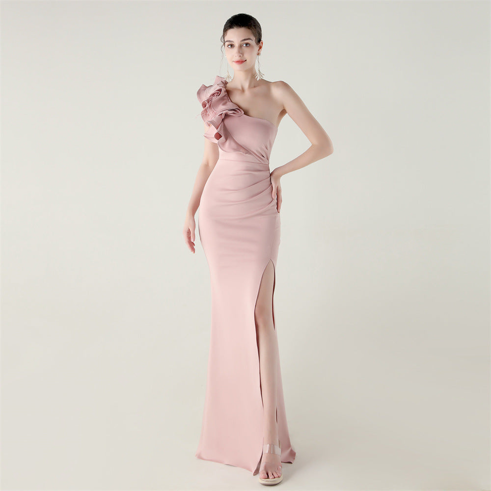 Satin One Shoulder Ruffle Ruched High Split Mermaid Gown - View 8