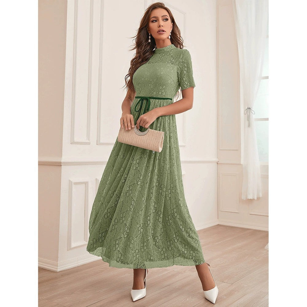 Mock Neck Short Sleeve Lace Belted A-Line Maxi Dress - View 7