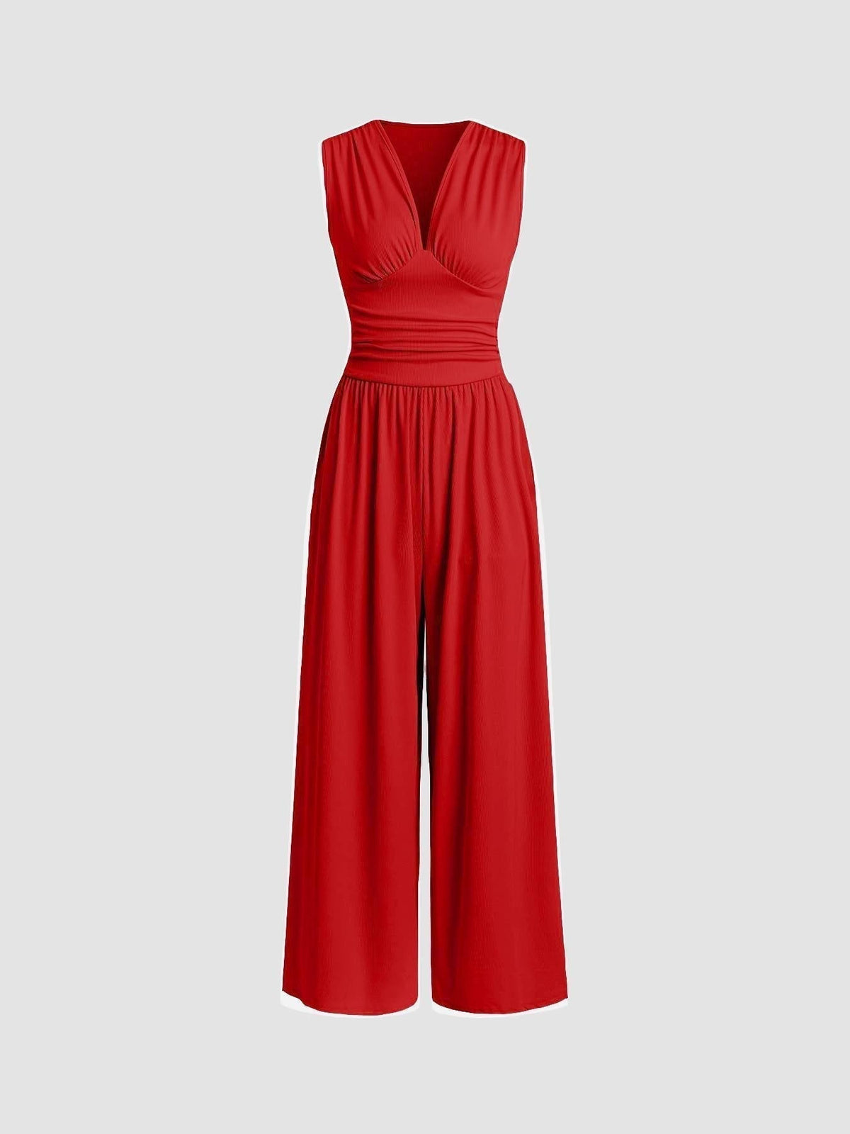 Deep V-Neck Ruched Waist Wide Leg Jumpsuit