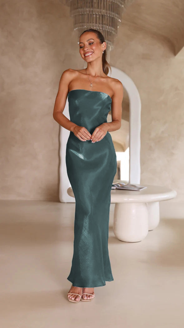 Strapless Bandeau Satin Column Bodycon Maxi Dress - View 10