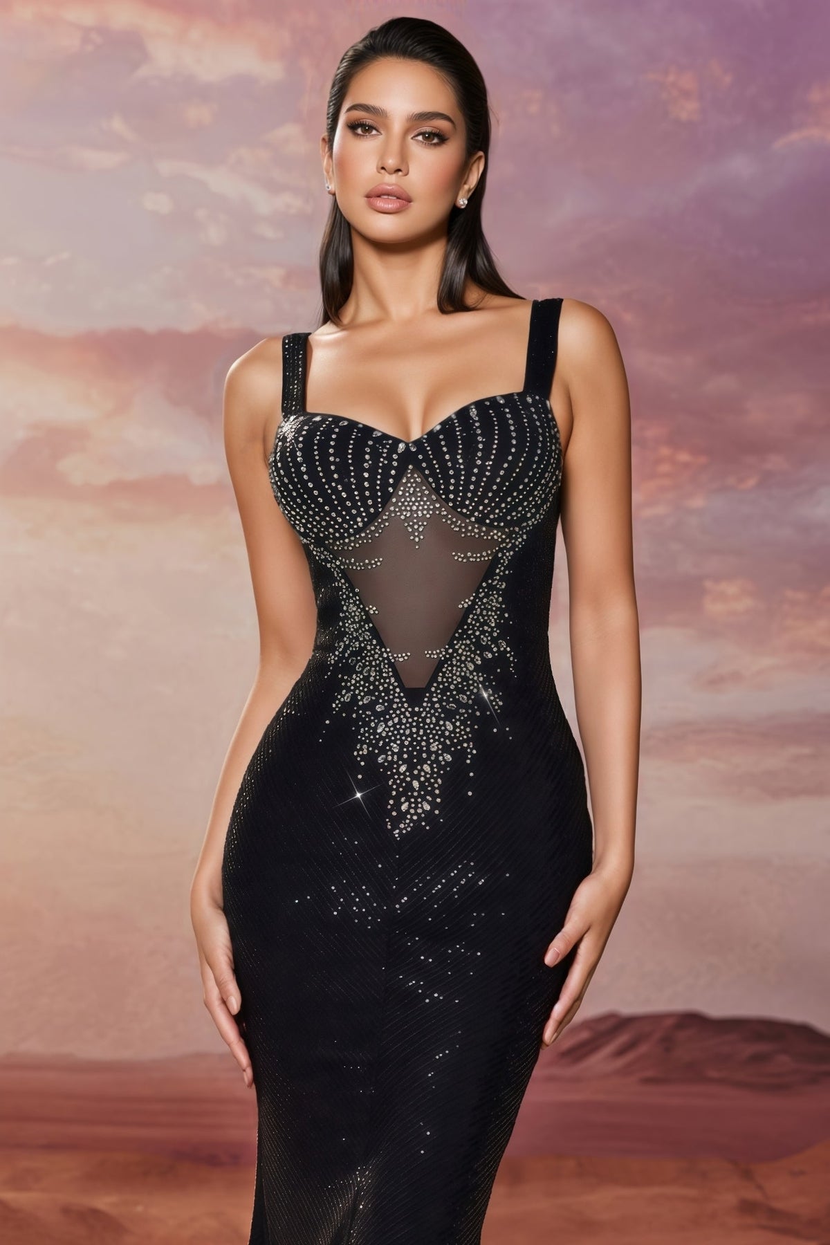 Rhinestone Beaded Mesh Panel Sweetheart Neck Sequin Mermaid Maxi Gown - View 5