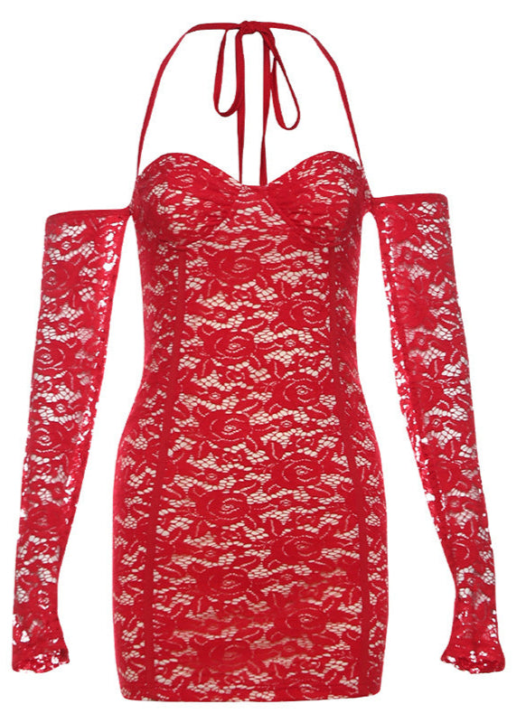 Lace Halter Neck Long Sleeve Bustier Bodycon Mini Dress in Red - View 9