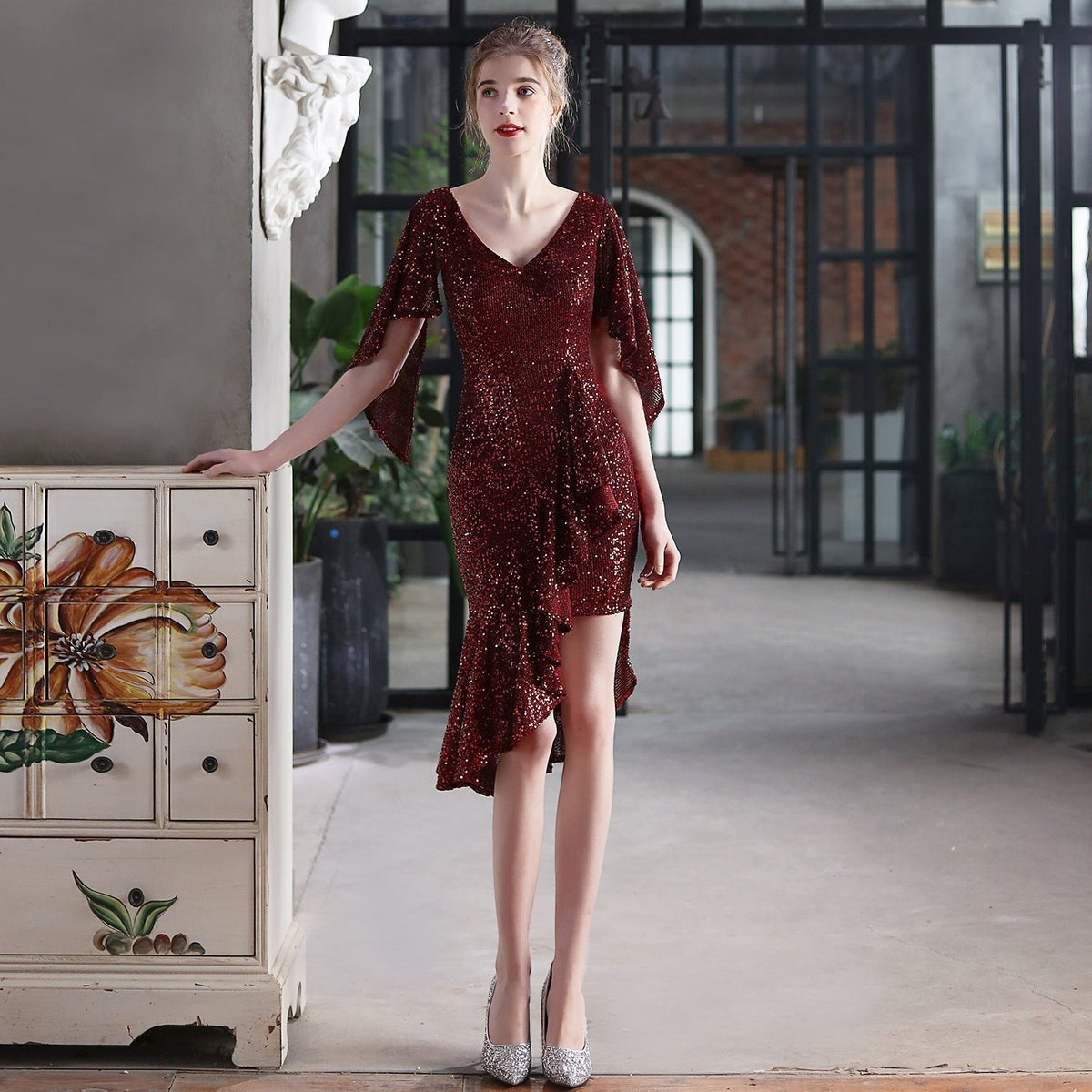 Sequin V-Neck Flutter Sleeve High Low Asymmetric Cocktail Dress - View 10