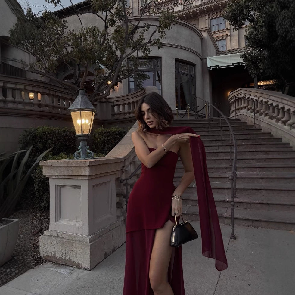 Strapless Tube Choker Neck Asymmetric Bodice Sheer Maxi Dress - View 3