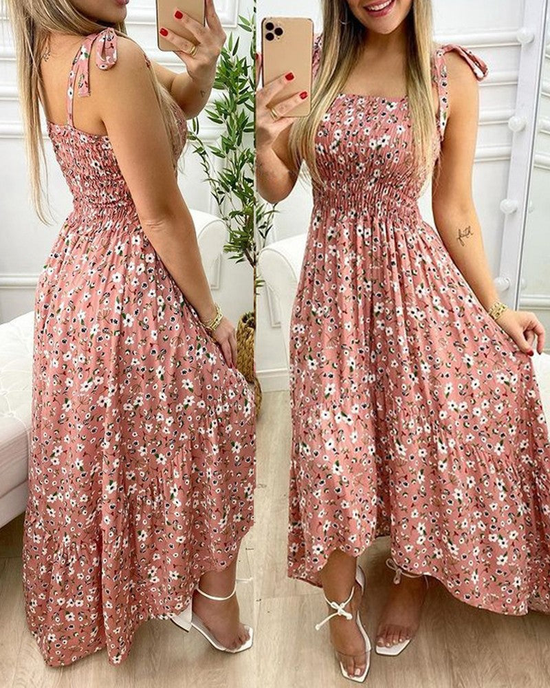 Floral Print Shirred Tie Strap Ruffle Hem Midi Dress - View 8
