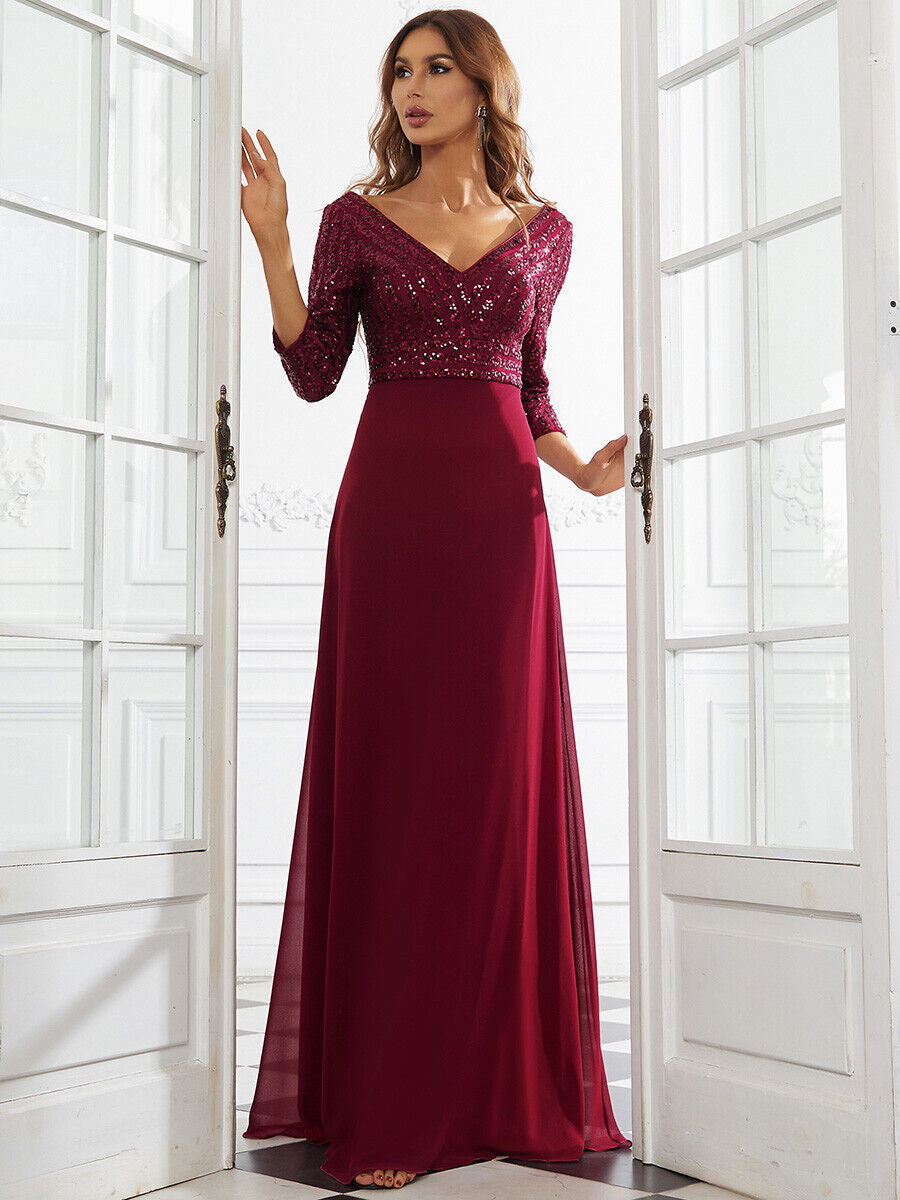 Sequin V-Neck Long Sleeve Chiffon A-Line Evening Dress - View 2