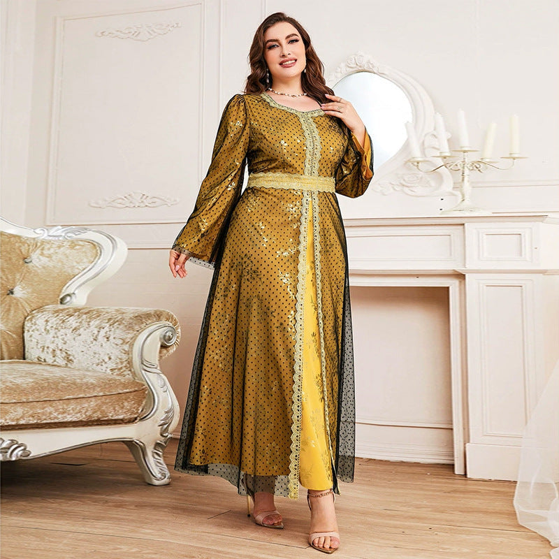 Plus Size High Waist Loose Long Sleeve Mesh A line Dress - View 4