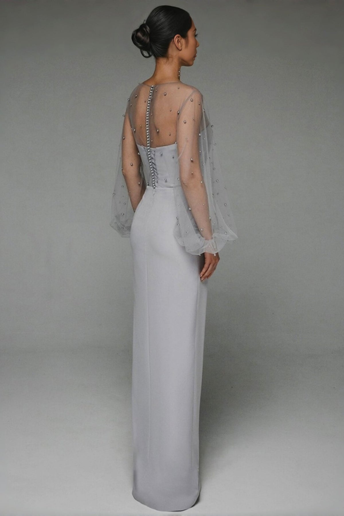 Mesh Pearl Embellished Bishop Sleeve Corset Bodice Wrap Maxi Gown - View 2