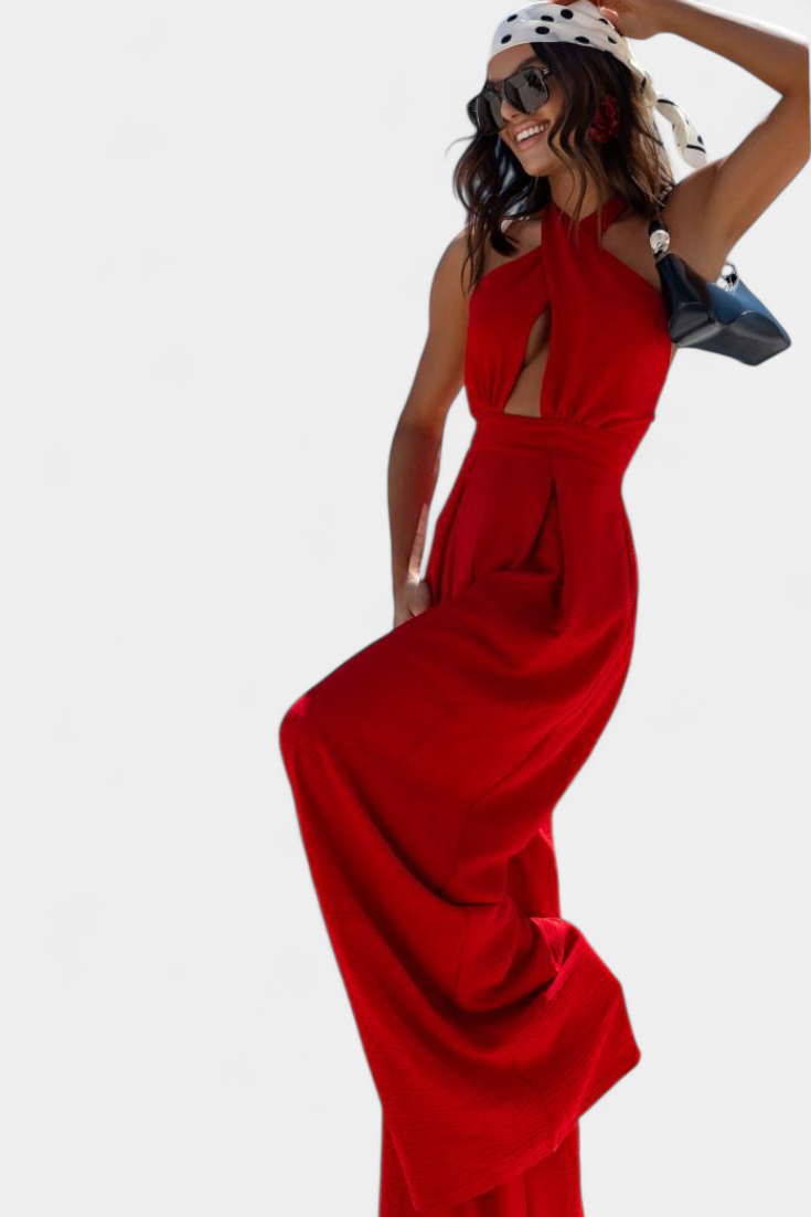 Halter Neck Cross Front Cut Out Backless Wide Leg Jumpsuit 6