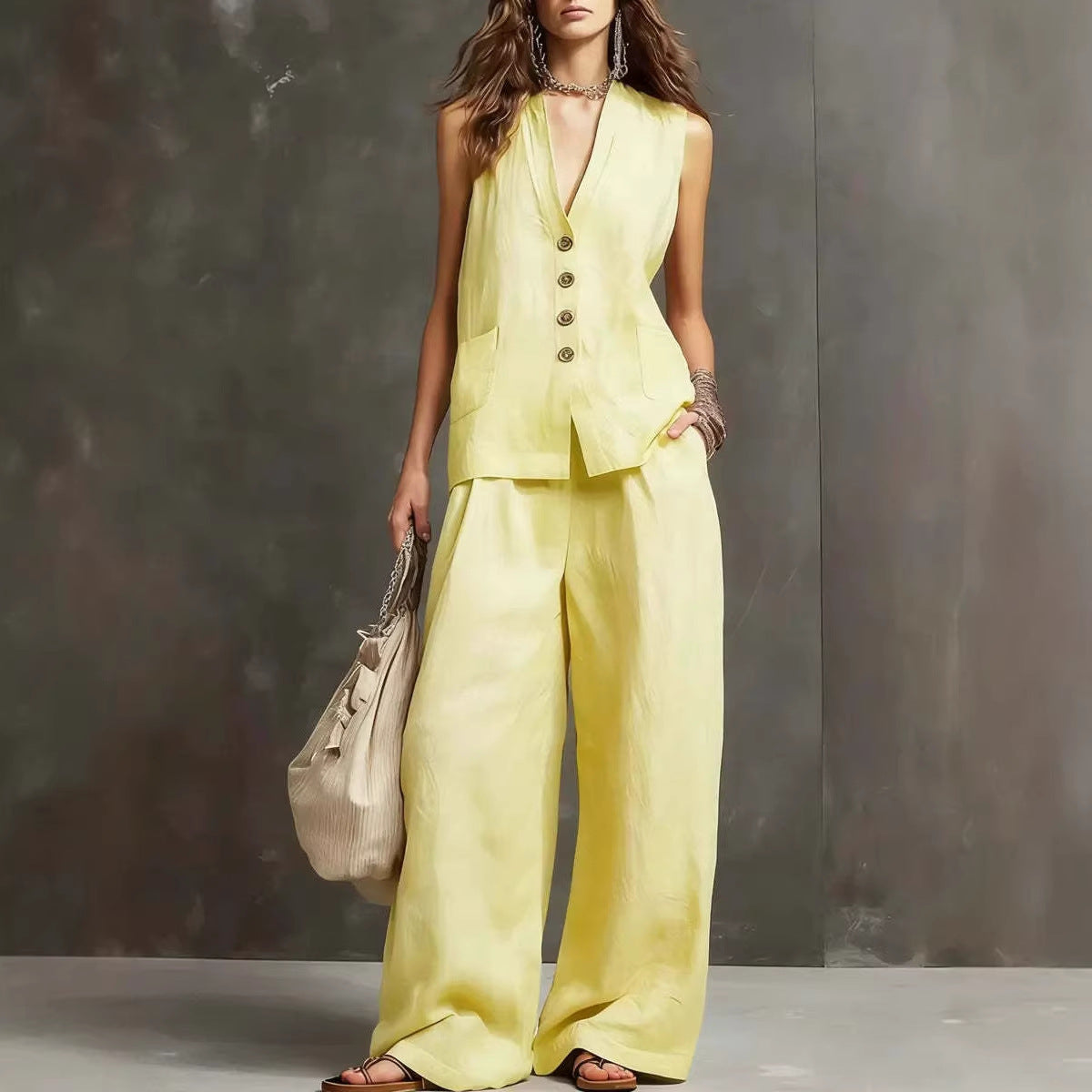 V-Neck Sleeveless Button Vest and Wide Leg Pants Two Piece Set 4