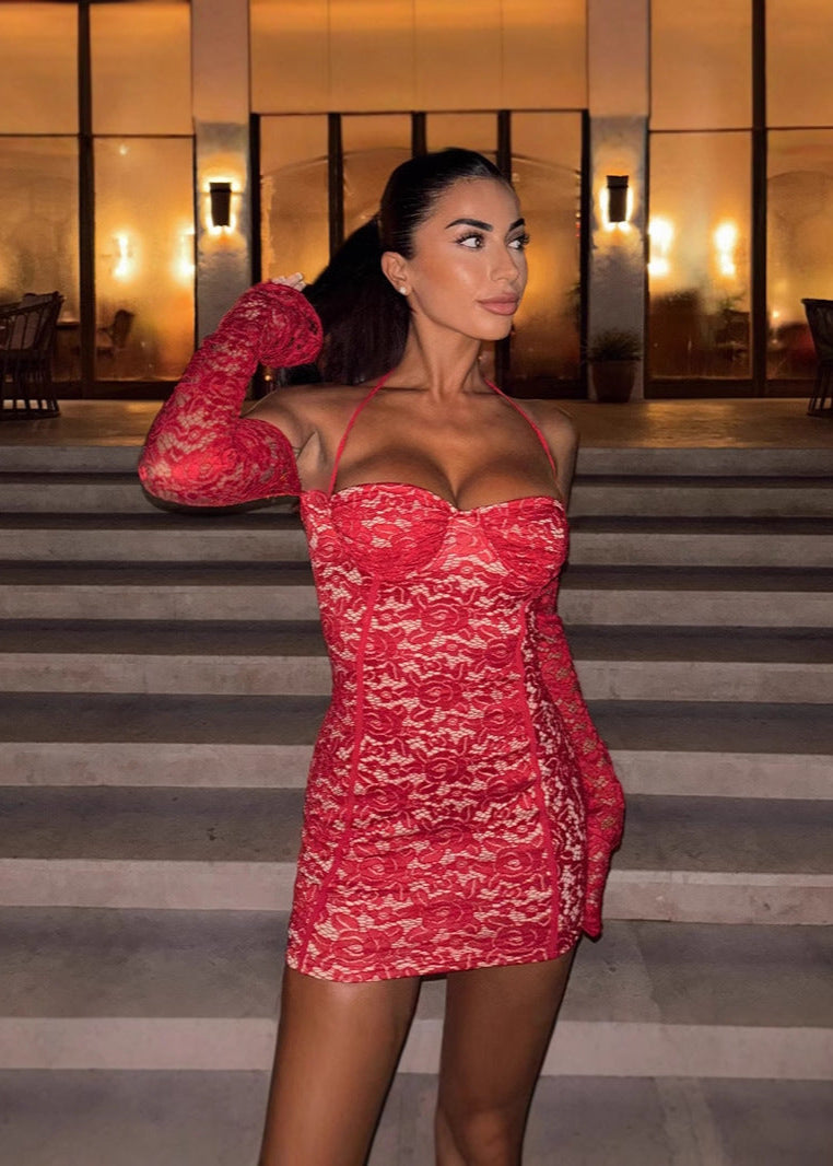 Lace Halter Neck Long Sleeve Bustier Bodycon Mini Dress in Red - View 4