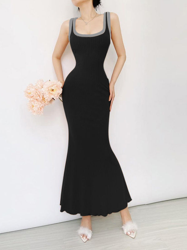 Square Neck Sleeveless Ribbed Mermaid Maxi Dress