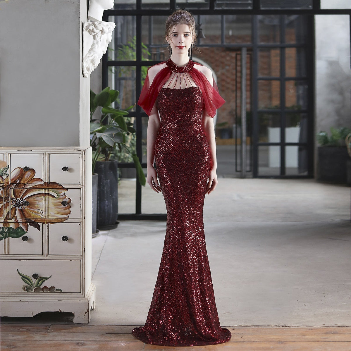 Sequin Halter Neck Sheer Cape Mermaid Gown - View 6