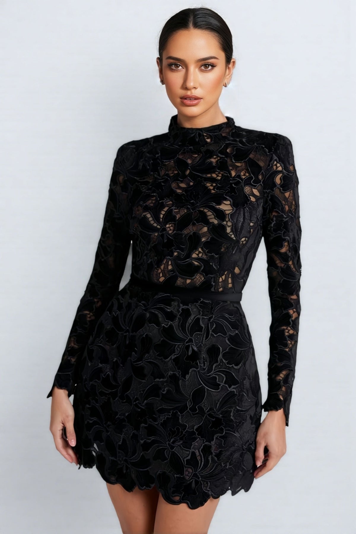 Vali Long Sleeve Lace Mini Dress-Black