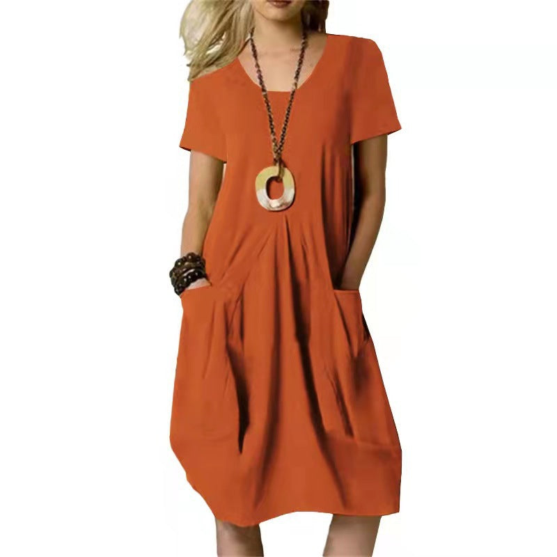 V-Neck Short Sleeve Pocket Loose Cocoon Midi Dress 2