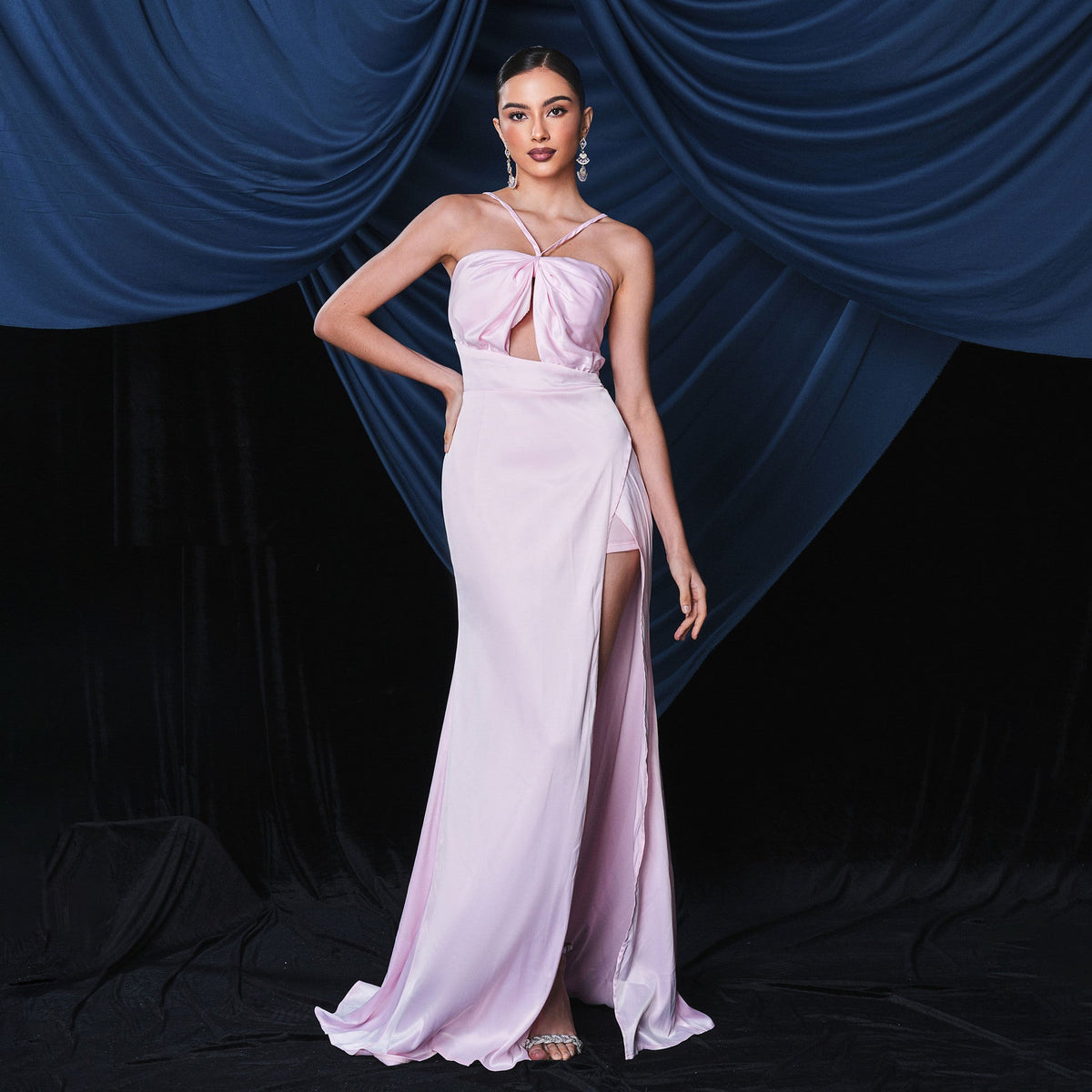 Satin Halter Neck Twist Cut Out High Split Mermaid Maxi Dress - View 2