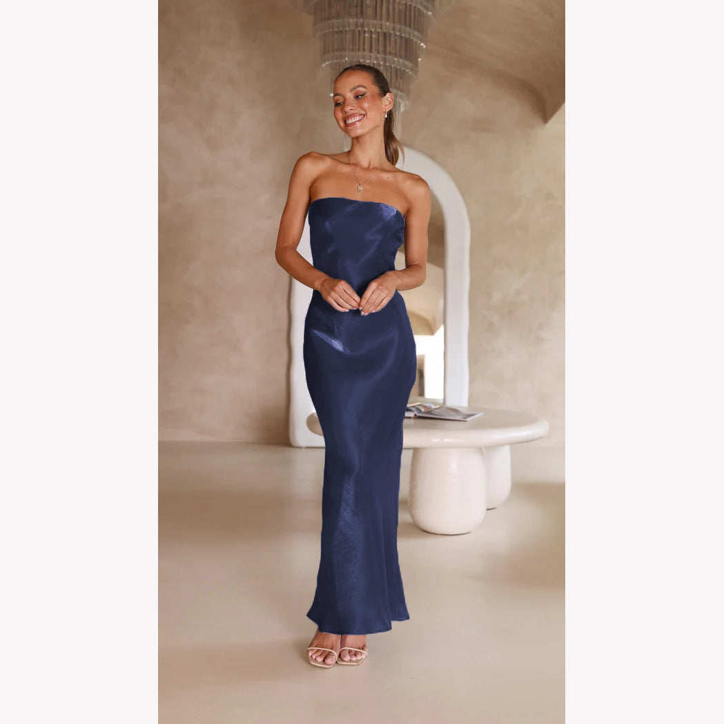 Strapless Bandeau Satin Column Bodycon Maxi Dress - View 9