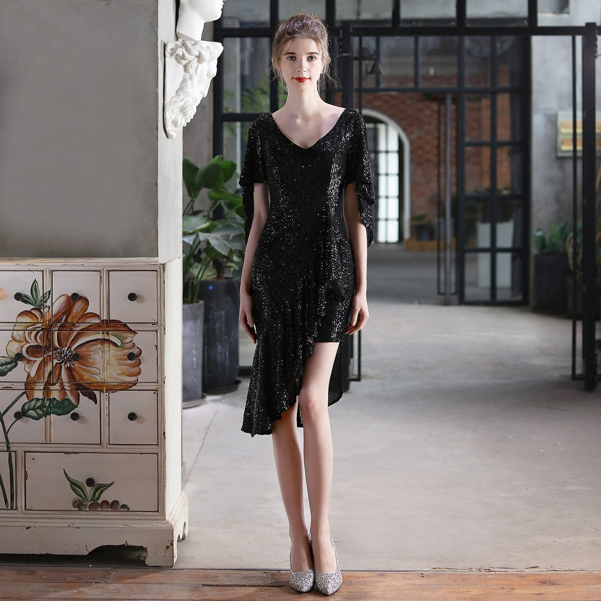 Sequin V-Neck Flutter Sleeve High Low Asymmetric Cocktail Dress - View 9