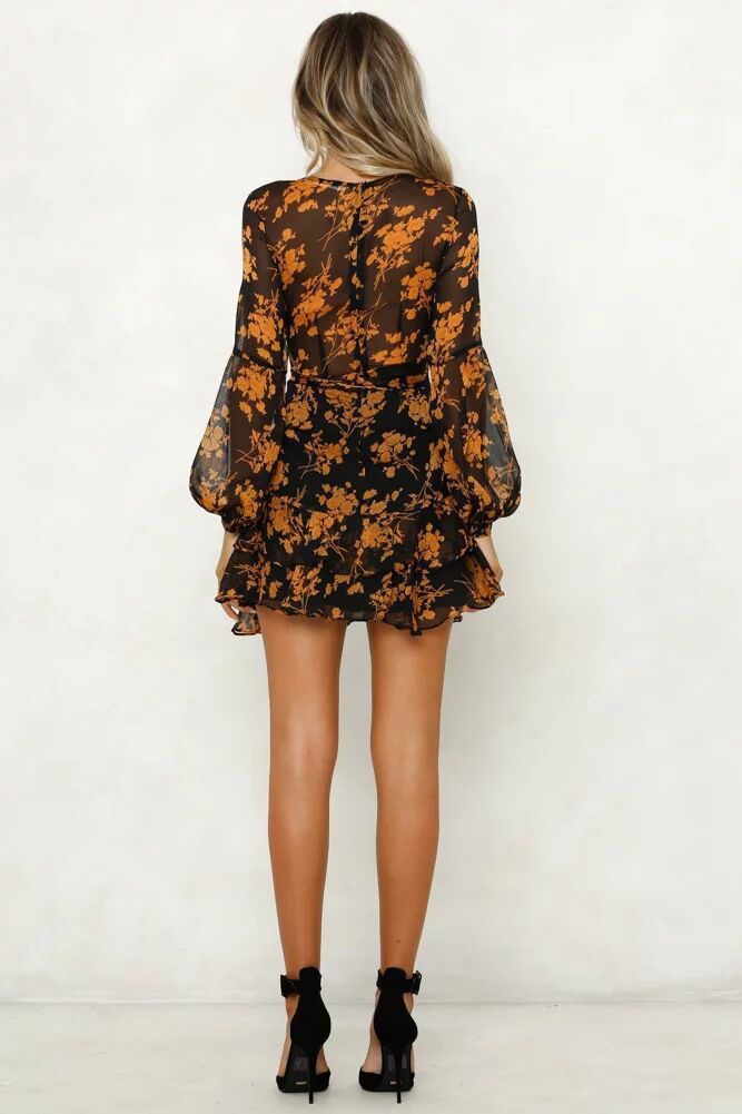 Floral Chiffon Deep V-Neck Short Sleeve Tiered Ruffle Mini Dress - View 6