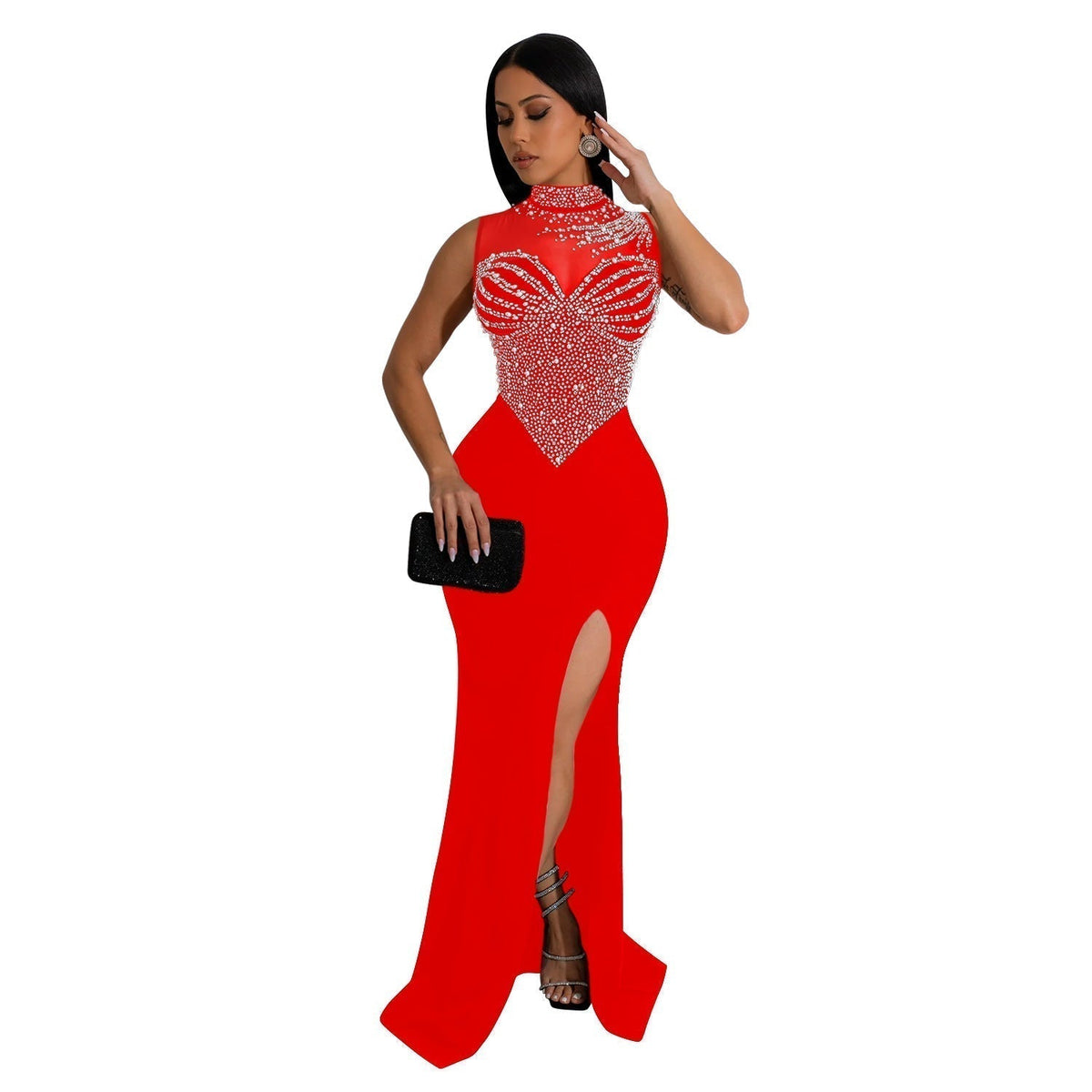 Solid Color Mesh Rhinestone Sleeveless Maxi Dress - View 2