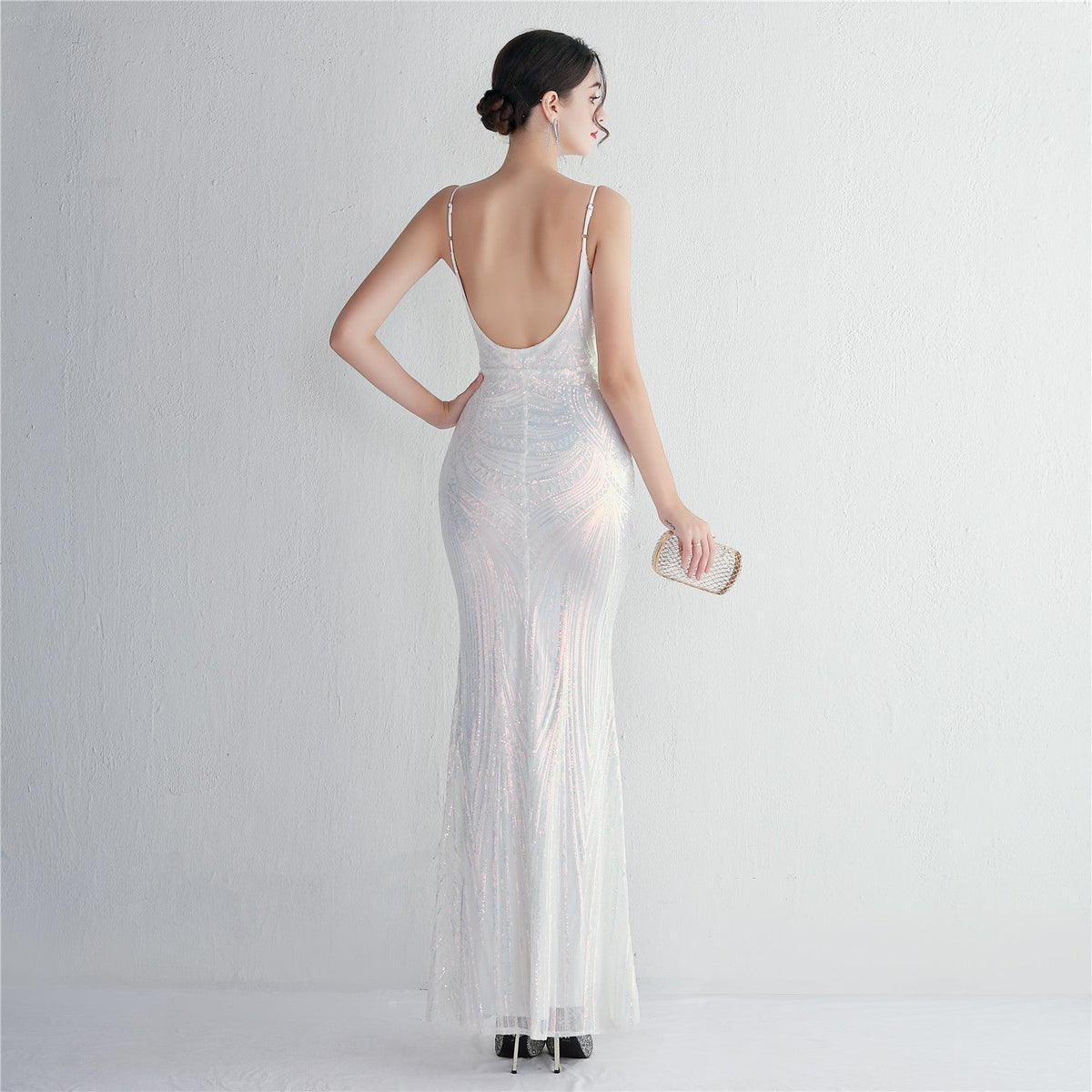 Sequin Geometric Spaghetti Strap Deep V-Neck Mermaid Maxi Gown 5