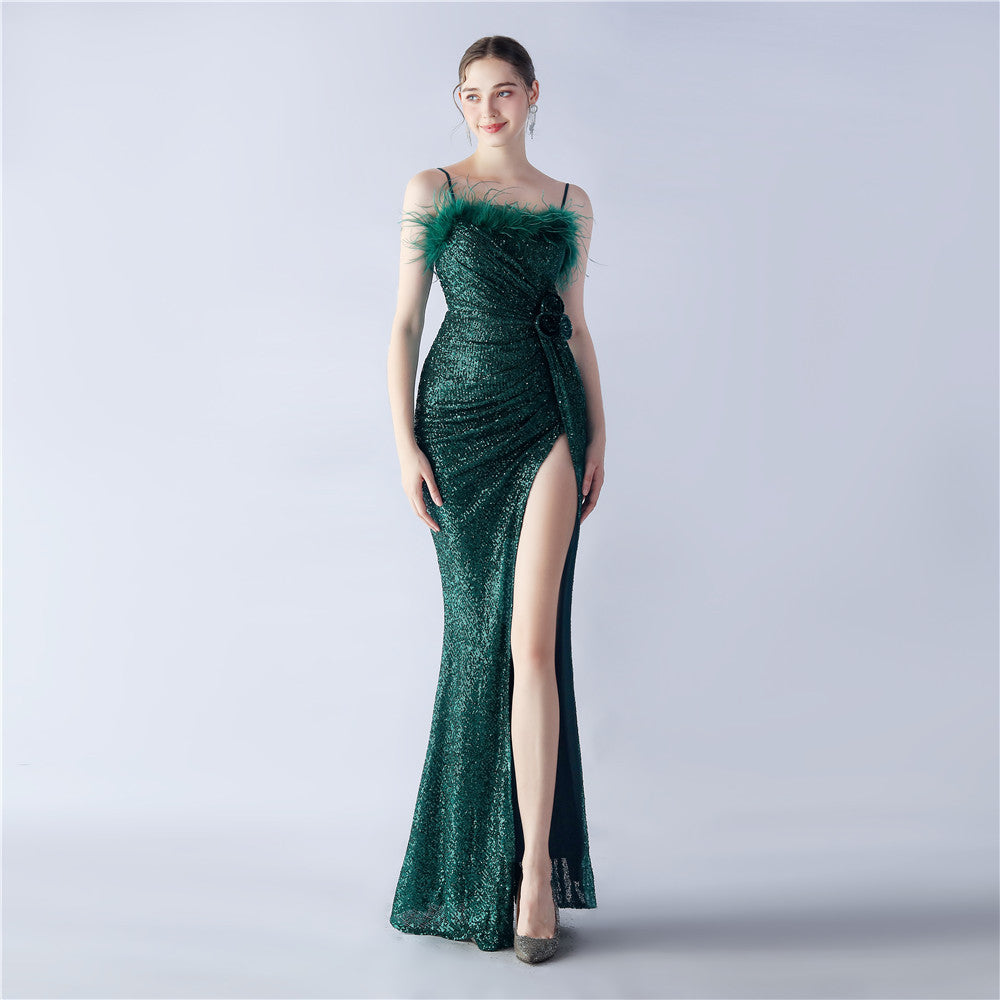 Sequin Spaghetti Strap Feather Trim High Split Mermaid Gown - View 7