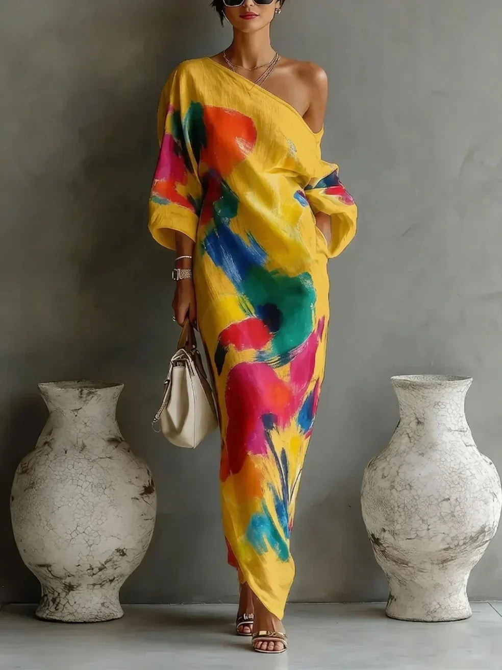 Abstract Paint Print One Shoulder Batwing Maxi Dress 5