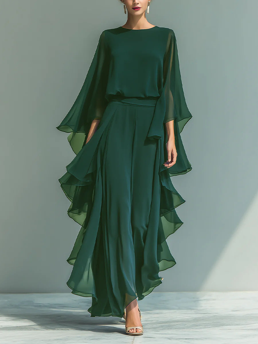 Round Neck Cape Sleeve Ruffle Wide Leg Jumpsuit 7